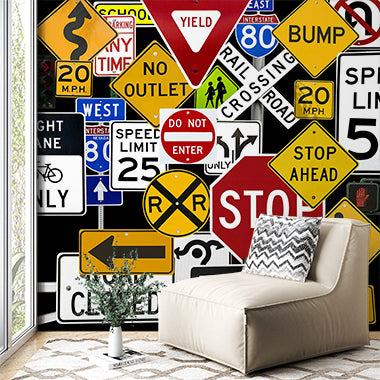 Road Sign Collage Wall Mural Wallpaper - Colorful Traffic Signs Design