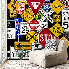 Custom Road Sign Collage Wall Mural Wallpaper - Colorful Traffic Signs Design