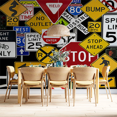 Road Sign Collage Wall Mural Wallpaper - Colorful Traffic Signs Design