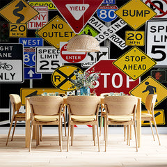 Custom Road Sign Collage Wall Mural Wallpaper - Colorful Traffic Signs Design