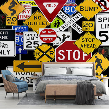 Road Sign Collage Wall Mural Wallpaper - Colorful Traffic Signs Design