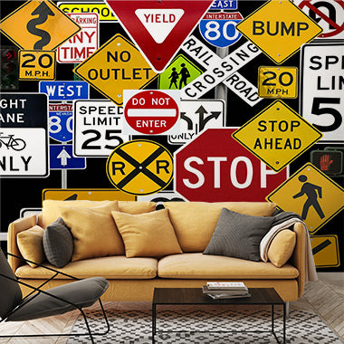 Road Sign Collage Wall Mural Wallpaper - Colorful Traffic Signs Design