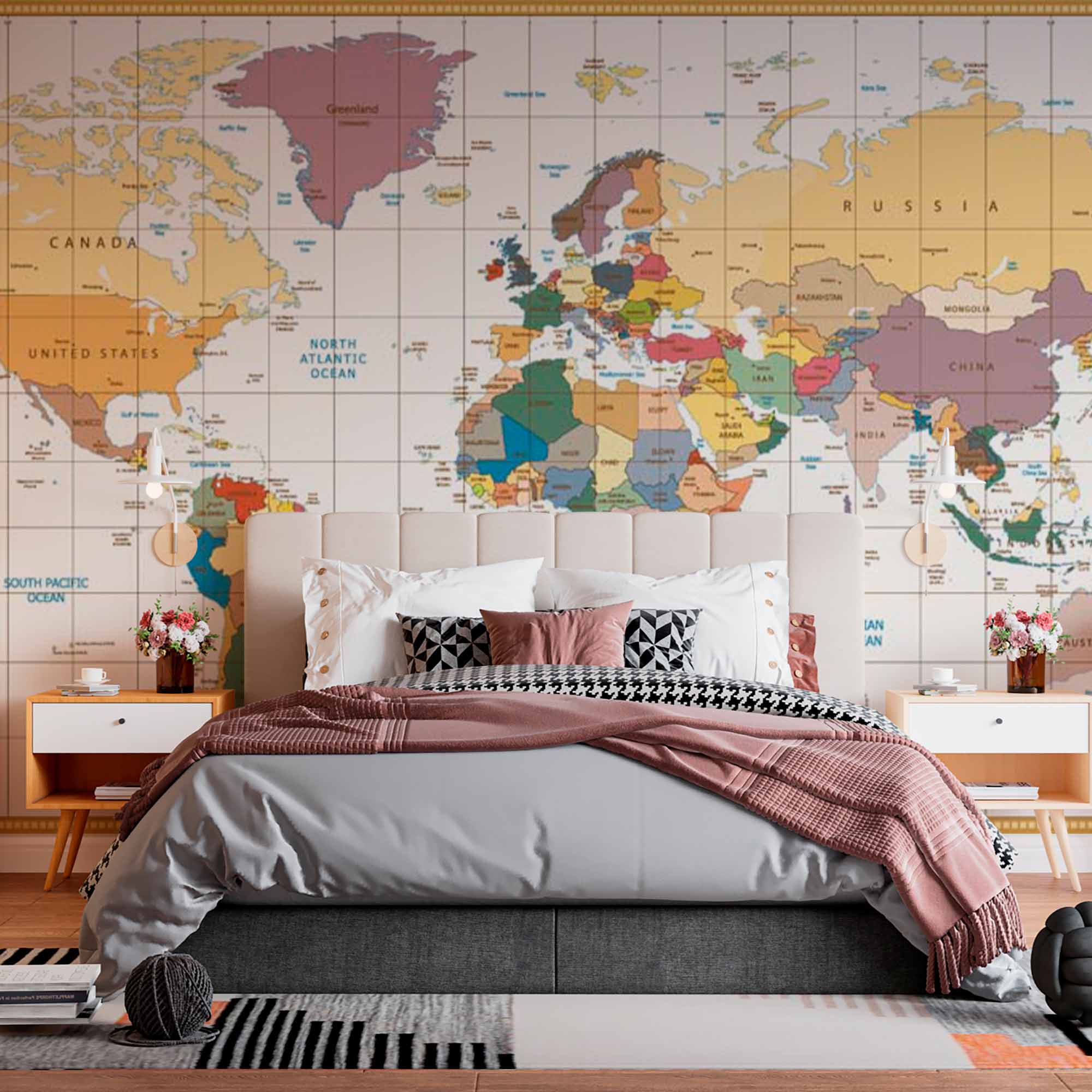 Vintage-Style World Map with Country Names and Borders