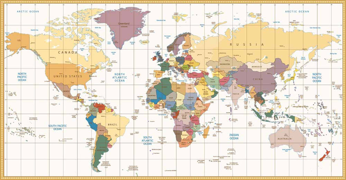 Niestandardowa mapa świata w stylu vintage z nazwami krajów i granicami