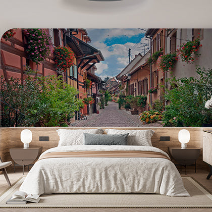 Custom Charming Colorful European Village Street with Flowered Facades Wall Murals