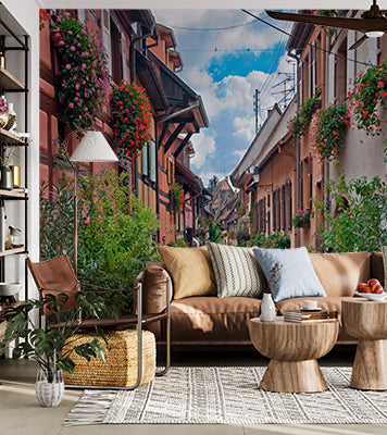 Charming Colorful European Village Street with Flowered Facades Wall Murals