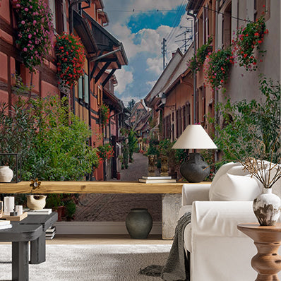 Charming Colorful European Village Street with Flowered Facades Wall Murals