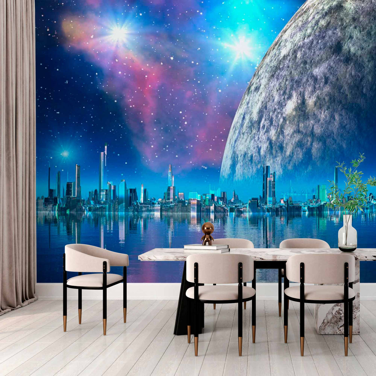 Custom Futuristic Cityscape Wall Mural Wallpaper - Majestic Planet and Starry Sky Reflection