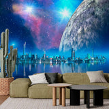 Futuristic Cityscape Wall Mural Wallpaper - Majestic Planet and Starry Sky Reflection