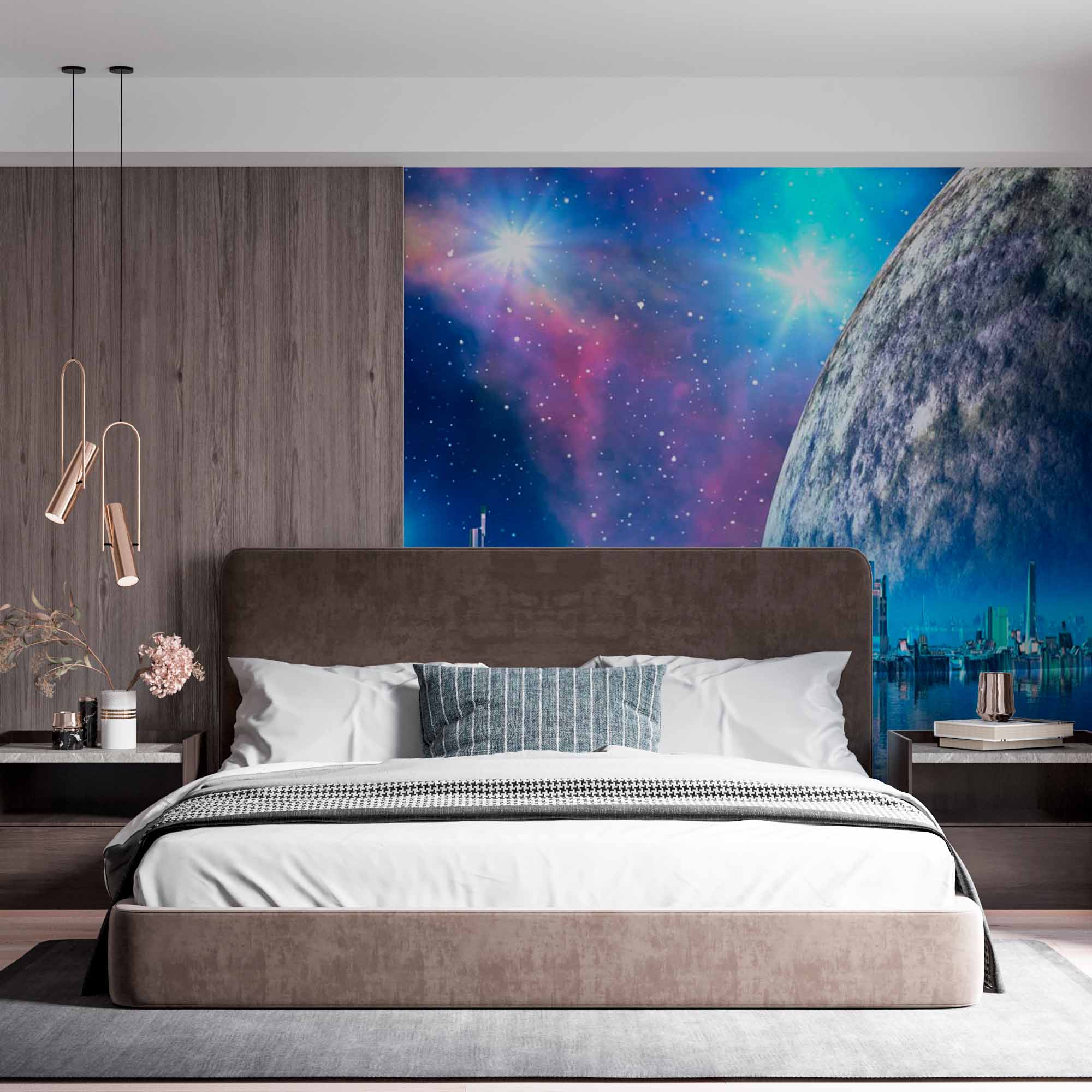 Futuristic Cityscape Wall Mural Wallpaper - Majestic Planet and Starry Sky Reflection