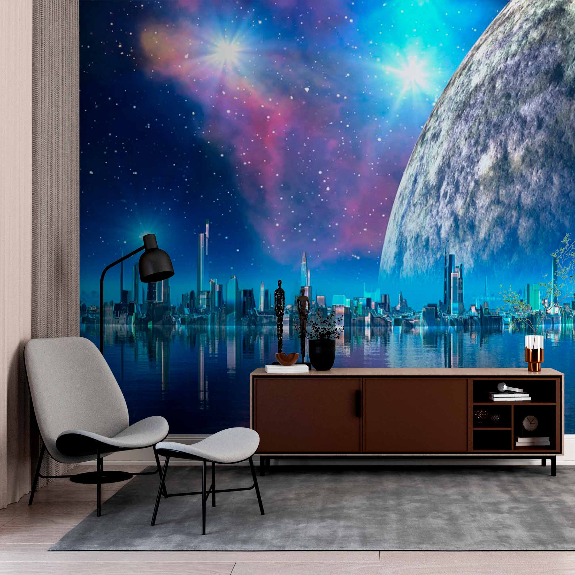 Futuristic Cityscape Wall Mural Wallpaper - Majestic Planet and Starry Sky Reflection