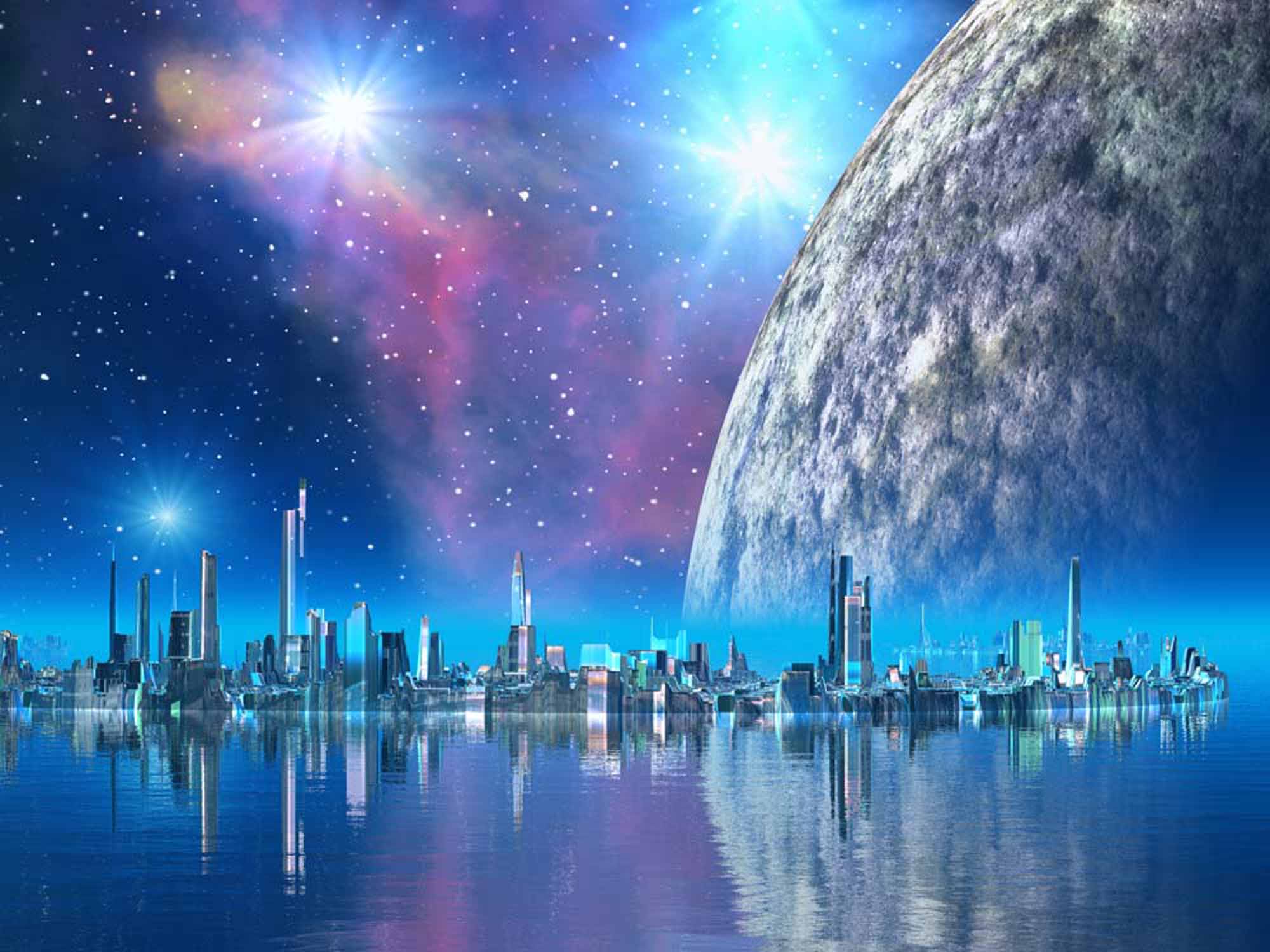 Futuristic Cityscape Wall Mural Wallpaper - Majestic Planet and Starry Sky Reflection