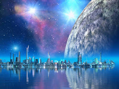 Custom Futuristic Cityscape Wall Mural Wallpaper - Majestic Planet and Starry Sky Reflection