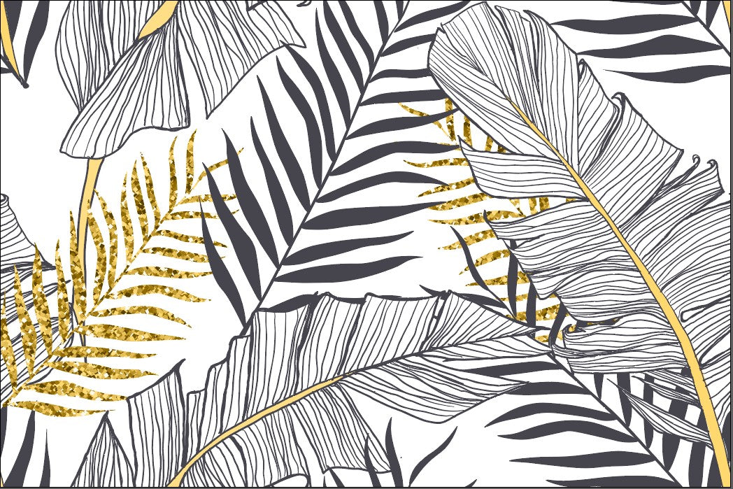 Palm Leaves Abstract Wallpaper Black and Golden Leaf Outline Wall Mural