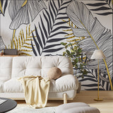 Palm Leaves Abstract Wallpaper Black and Golden Leaf Outline Wall Mural