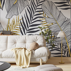 Custom Palm Leaves Abstract Wallpaper Black and Golden Leaf Outline Wall Mural