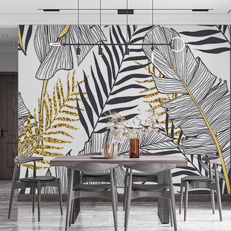 Palm Leaves Abstract Wallpaper Black and Golden Leaf Outline Wall Mural