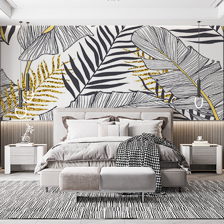 Palm Leaves Abstract Wallpaper Black and Golden Leaf Outline Wall Mural