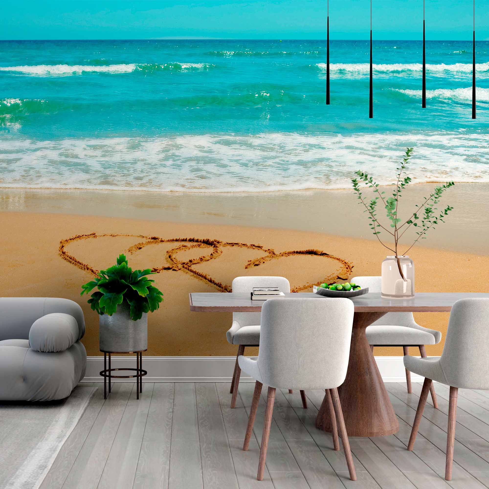 Romantic Beach Hearts in Sand Wall Mural Wallpaper