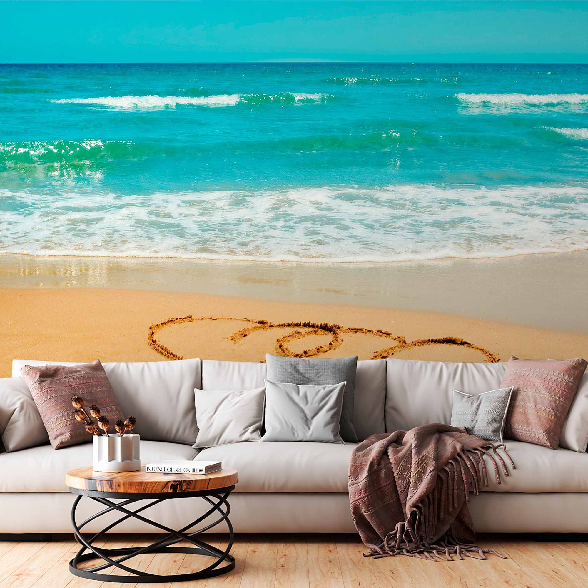 Romantic Beach Hearts in Sand Wall Mural Wallpaper