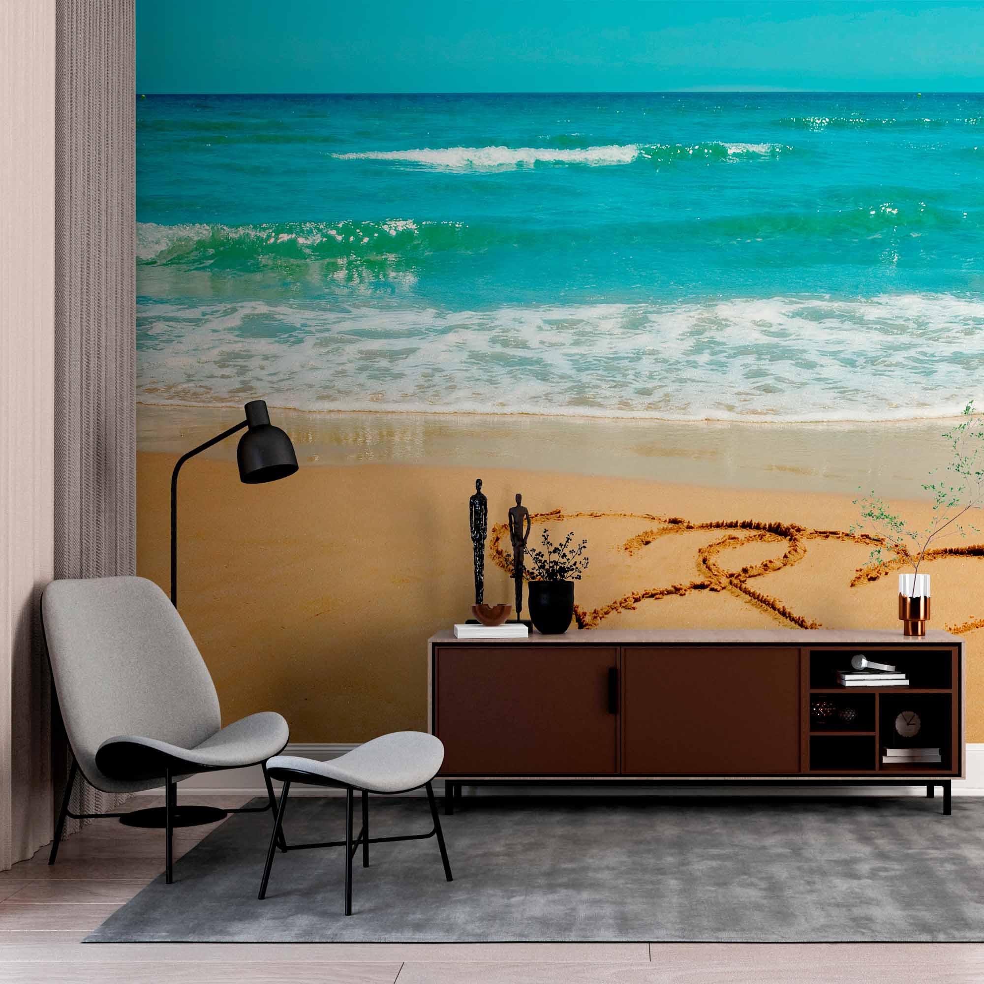 Romantic Beach Hearts in Sand Wall Mural Wallpaper