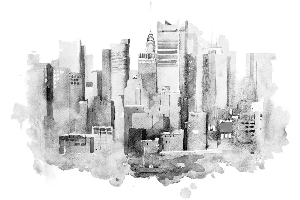 Monochrome Watercolor Skyline of New York City Wall Murals