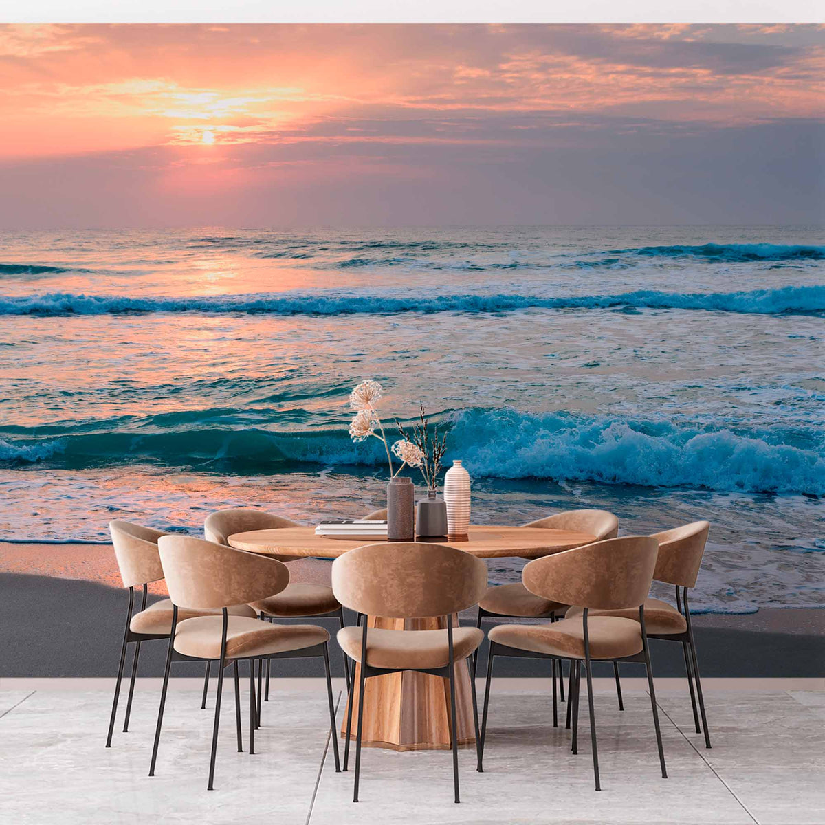 Tranquil Sunrise Over Ocean Waves Wall Mural Wallpaper