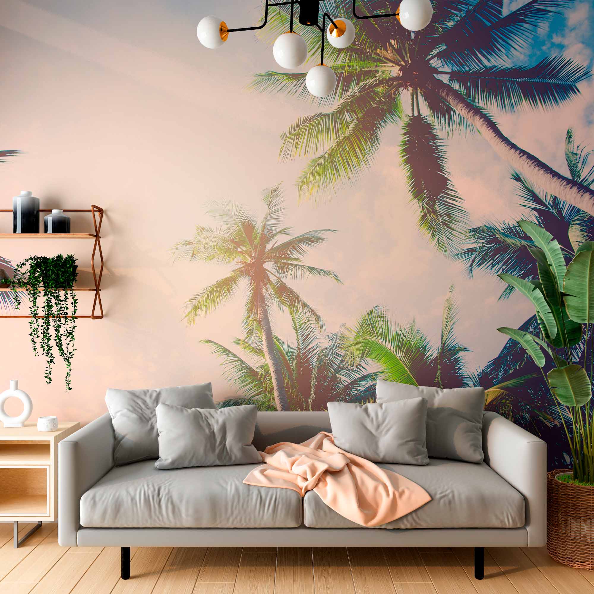 Sunlit Palm Trees Against Sky Wall Mural Wallpaper