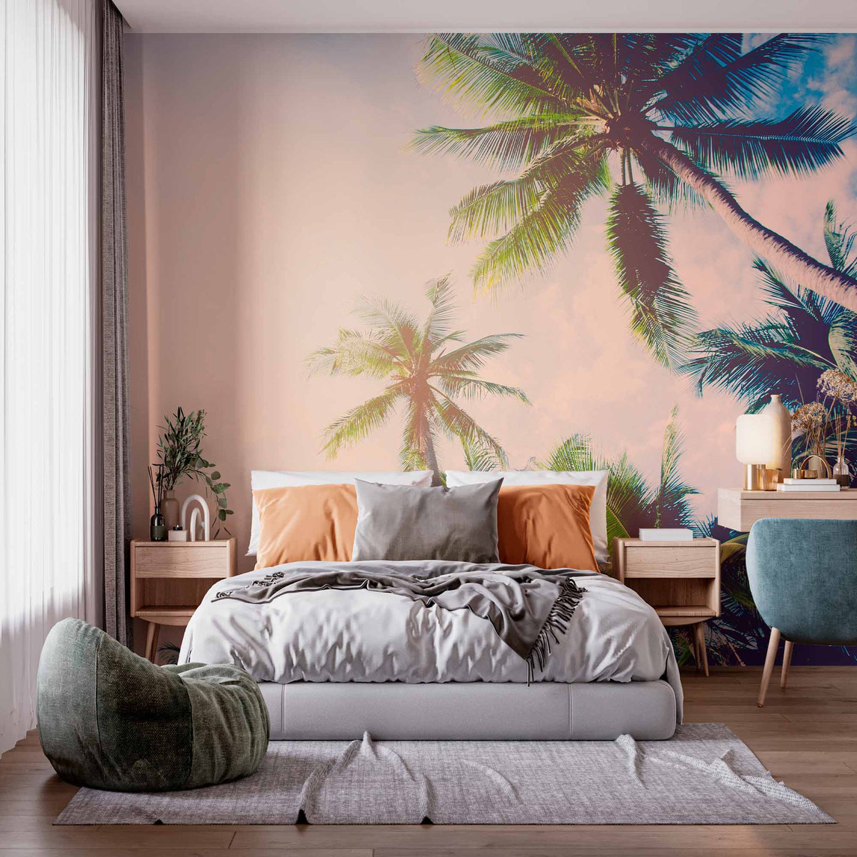 Sunlit Palm Trees Against Sky Wall Mural Wallpaper