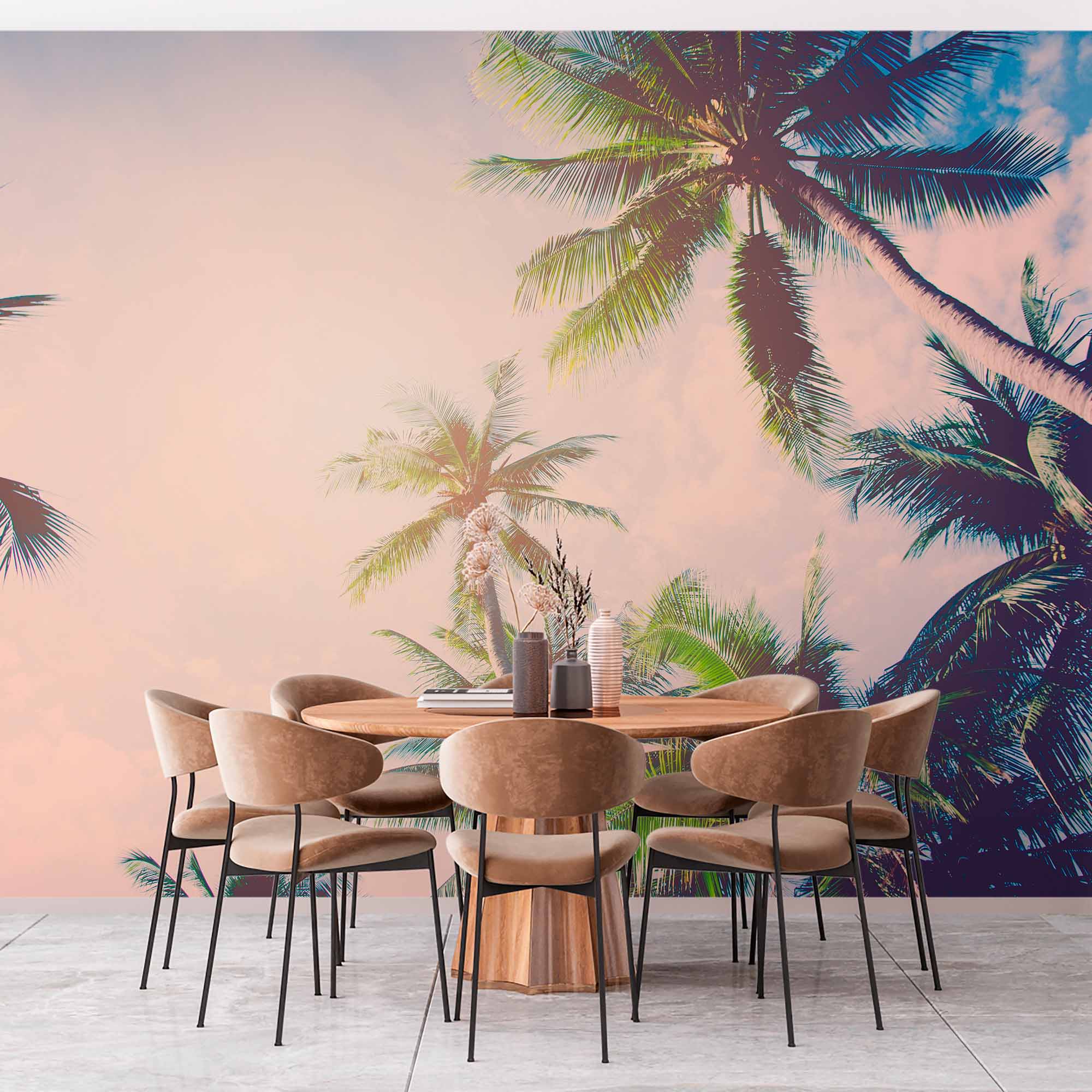 Sunlit Palm Trees Against Sky Wall Mural Wallpaper