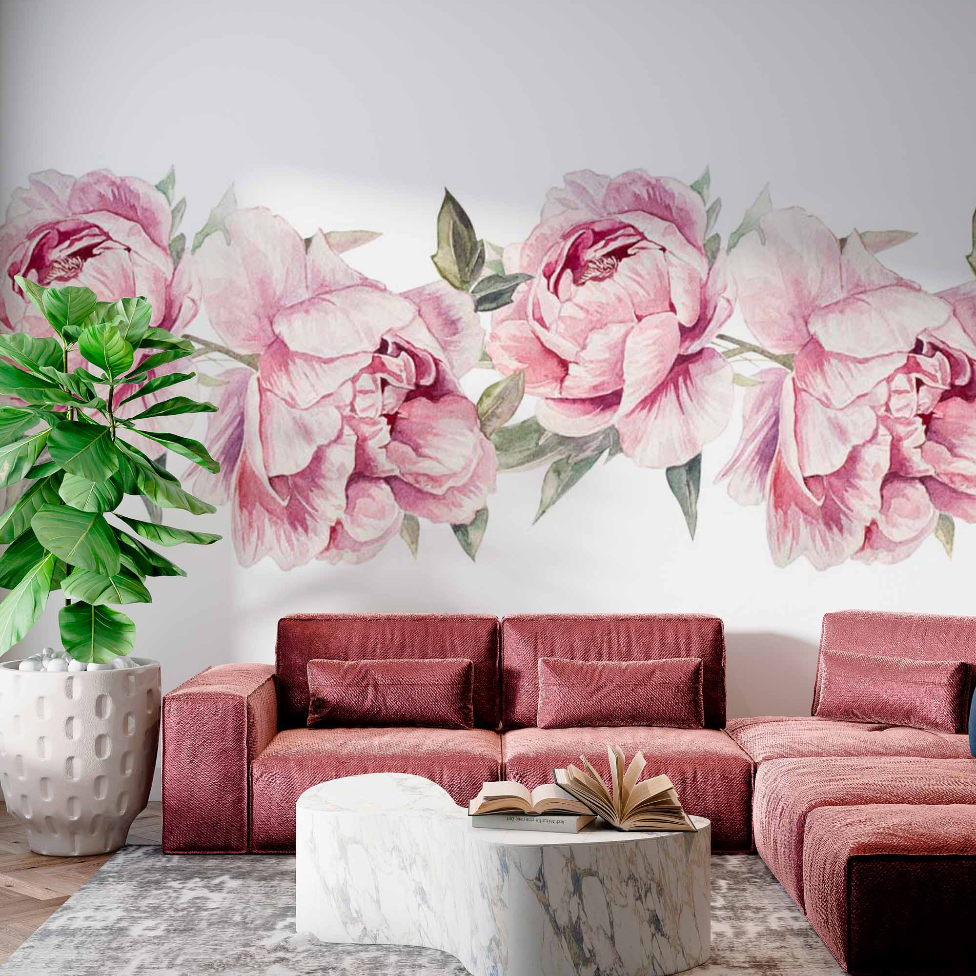 Elegant Pink Peony Flower Wall Mural - Watercolor Floral Design