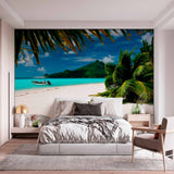 Idyllic Tropical Beach with Boat Wall Mural Wallpaper