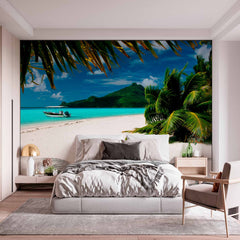 Custom Idyllic Tropical Beach with Boat Wall Mural Wallpaper