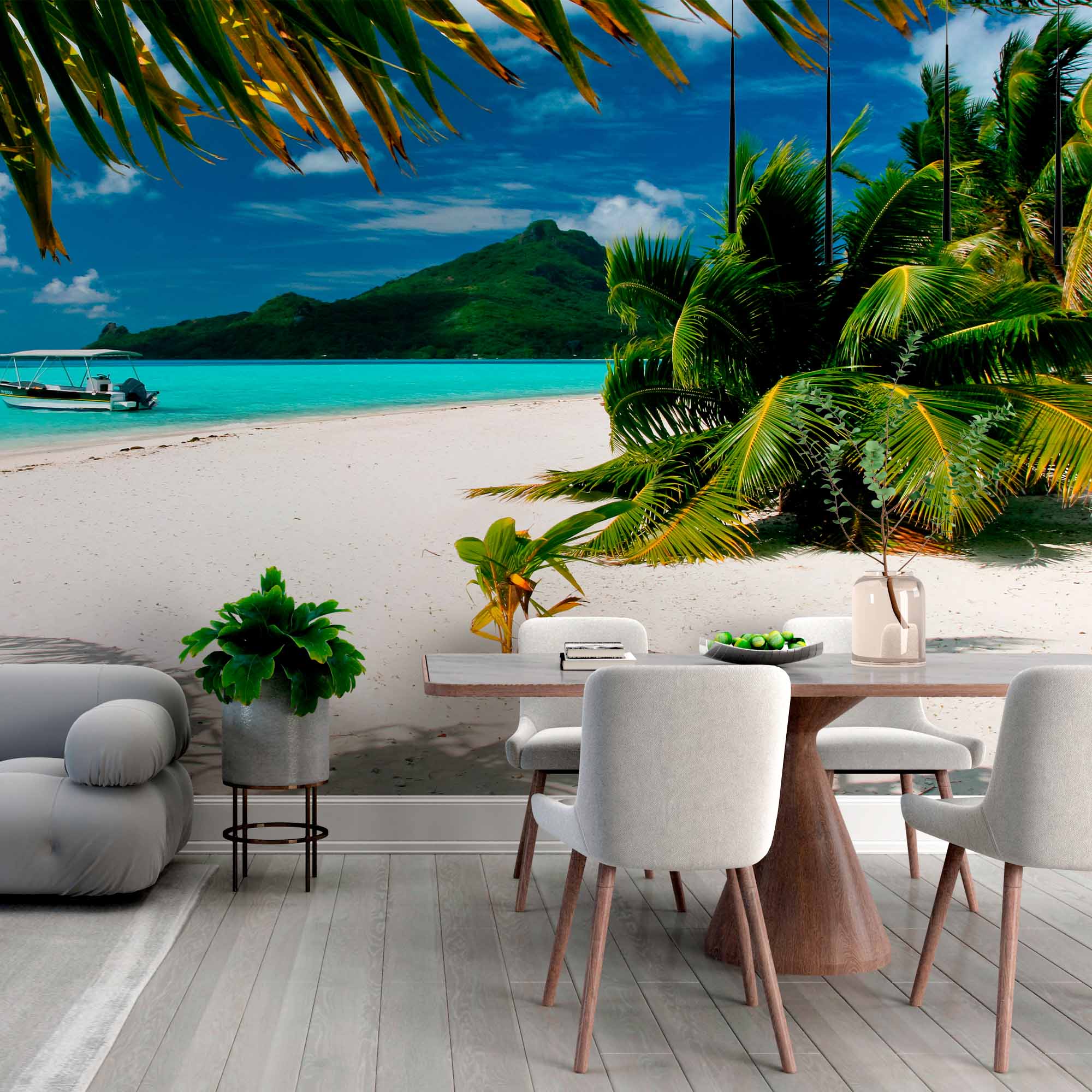 Idyllic Tropical Beach with Boat Wall Mural Wallpaper