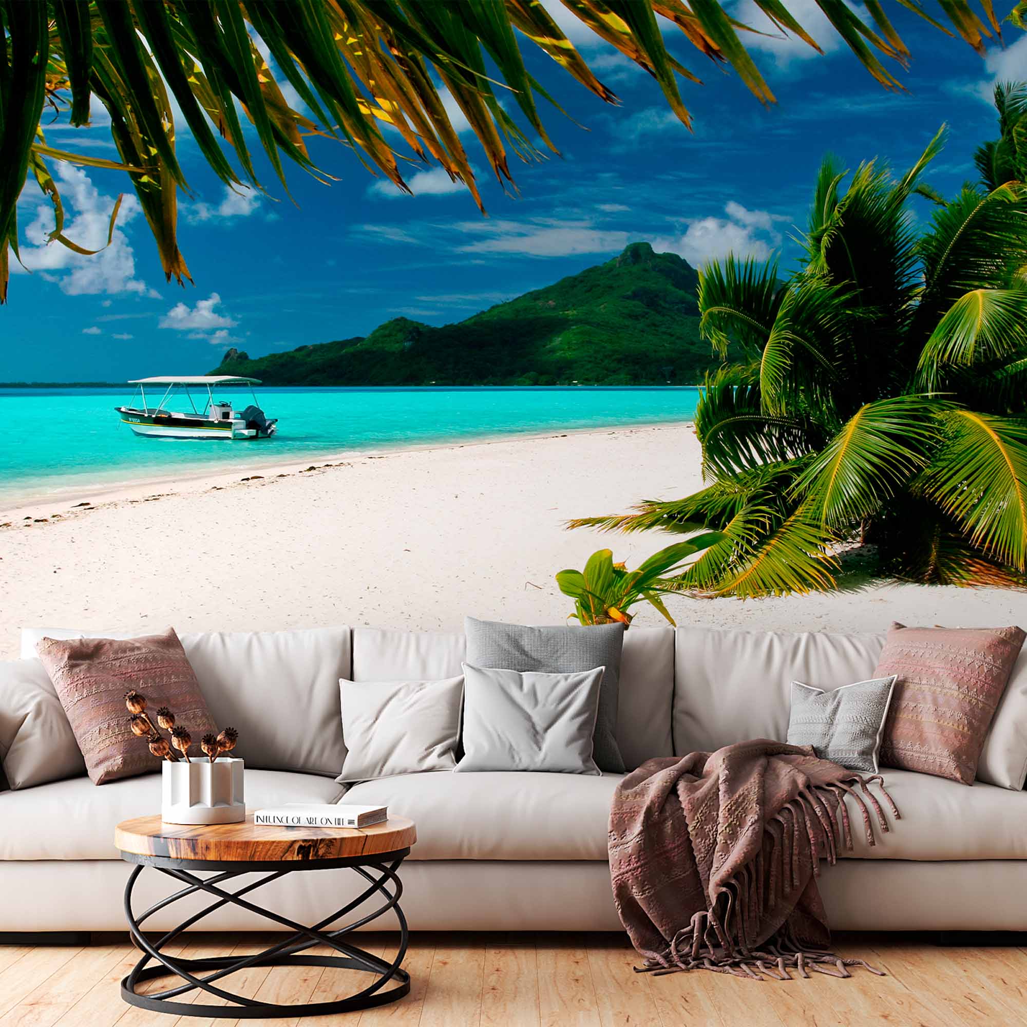 Idyllic Tropical Beach with Boat Wall Mural Wallpaper