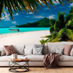 Custom Idyllic Tropical Beach with Boat Wall Mural Wallpaper