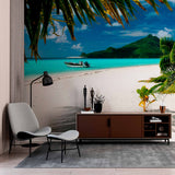 Idyllic Tropical Beach with Boat Wall Mural Wallpaper