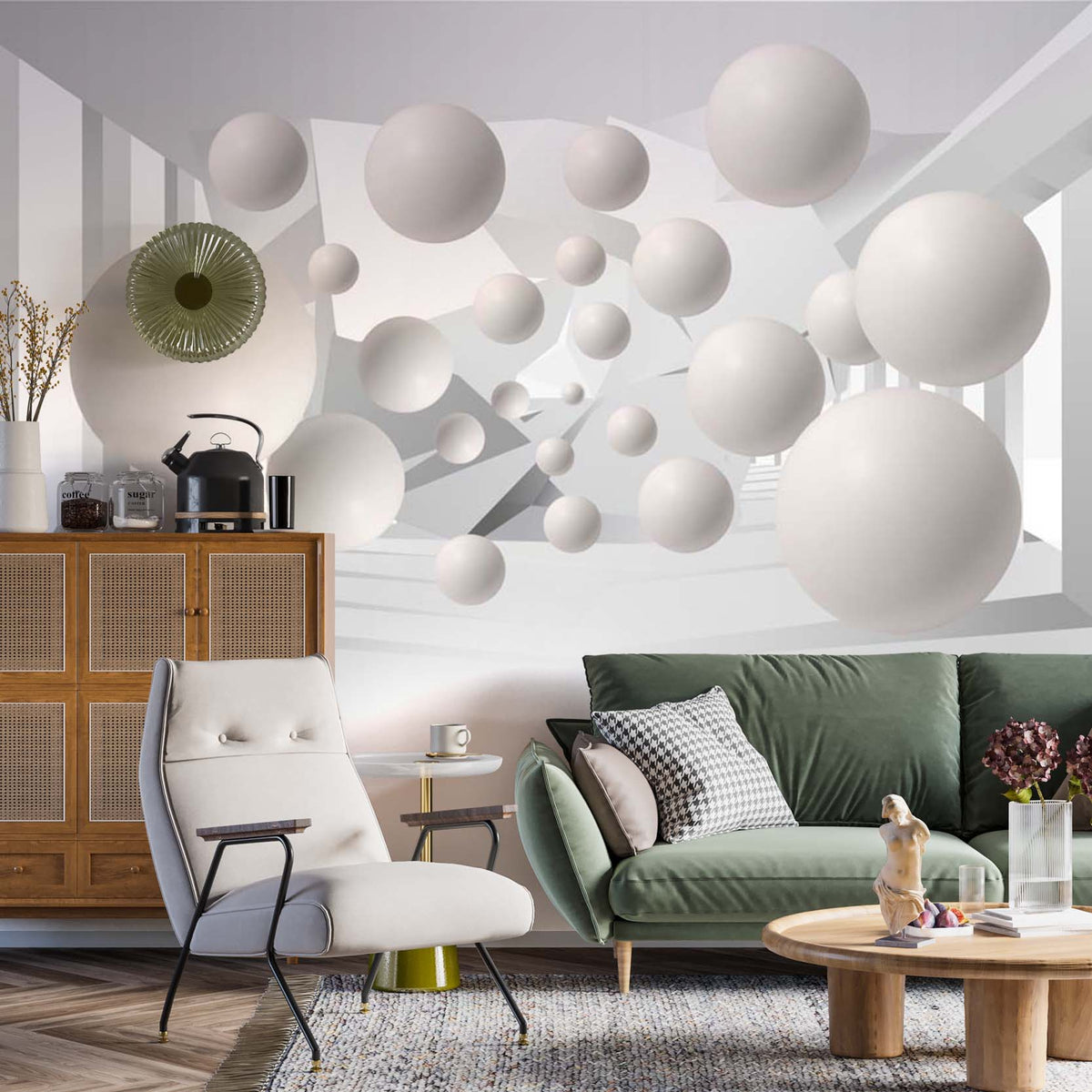 Custom Abstract Wall Mural Futuristic Balls Minimalistic and Dynamic White Wallpaper