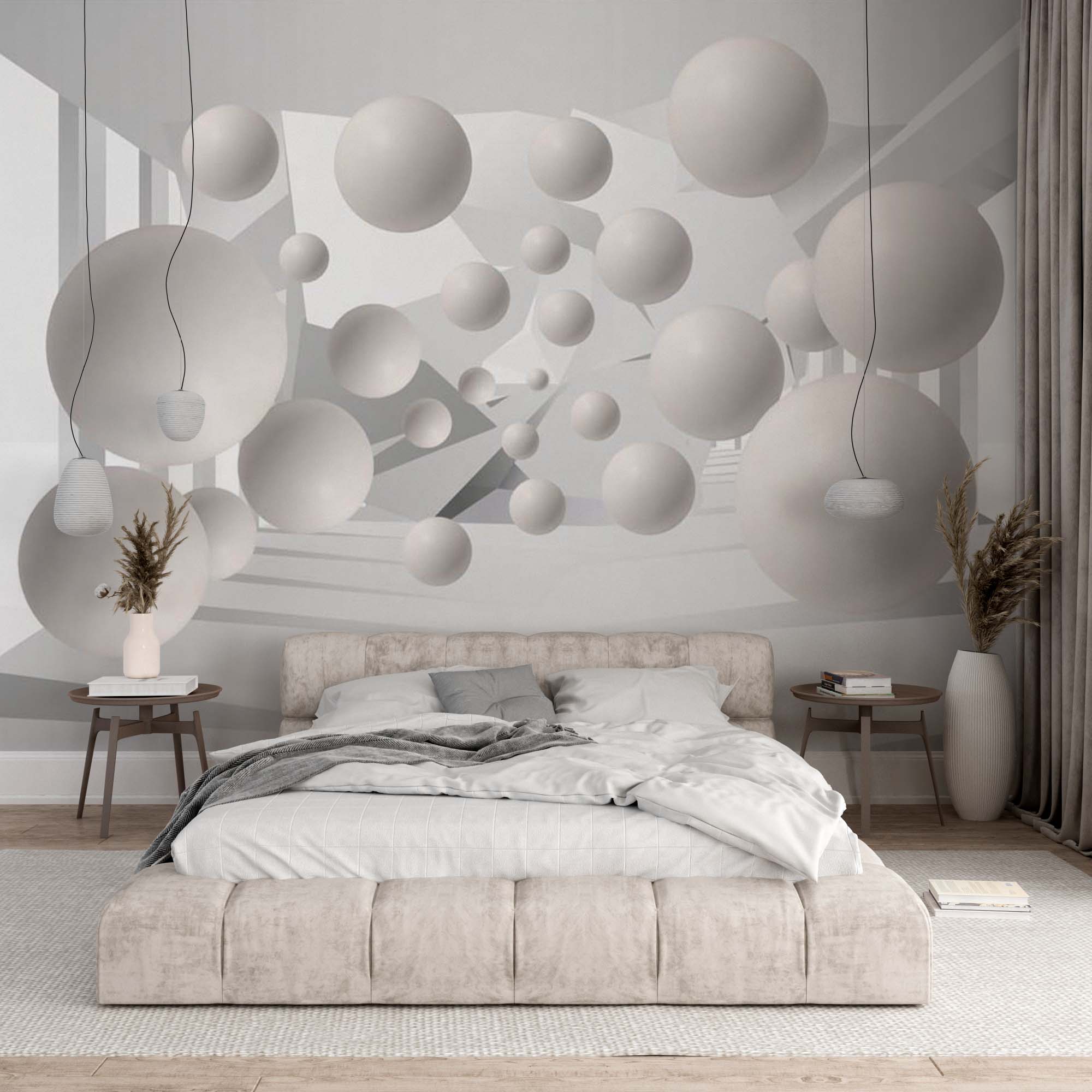 Abstract Wall Mural Futuristic Balls Minimalistic and Dynamic White Wallpaper