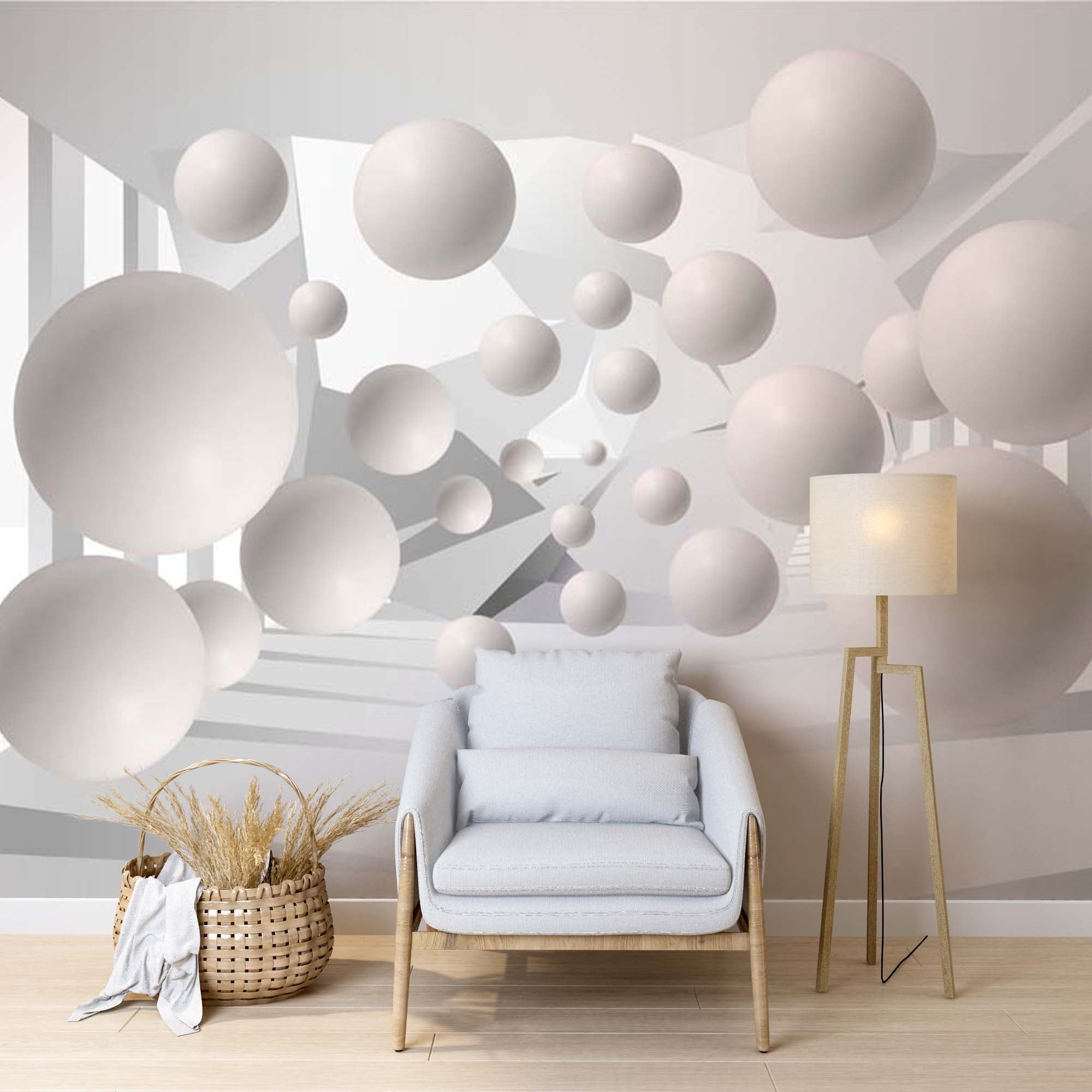 Abstract Wall Mural Futuristic Balls Minimalistic and Dynamic White Wallpaper