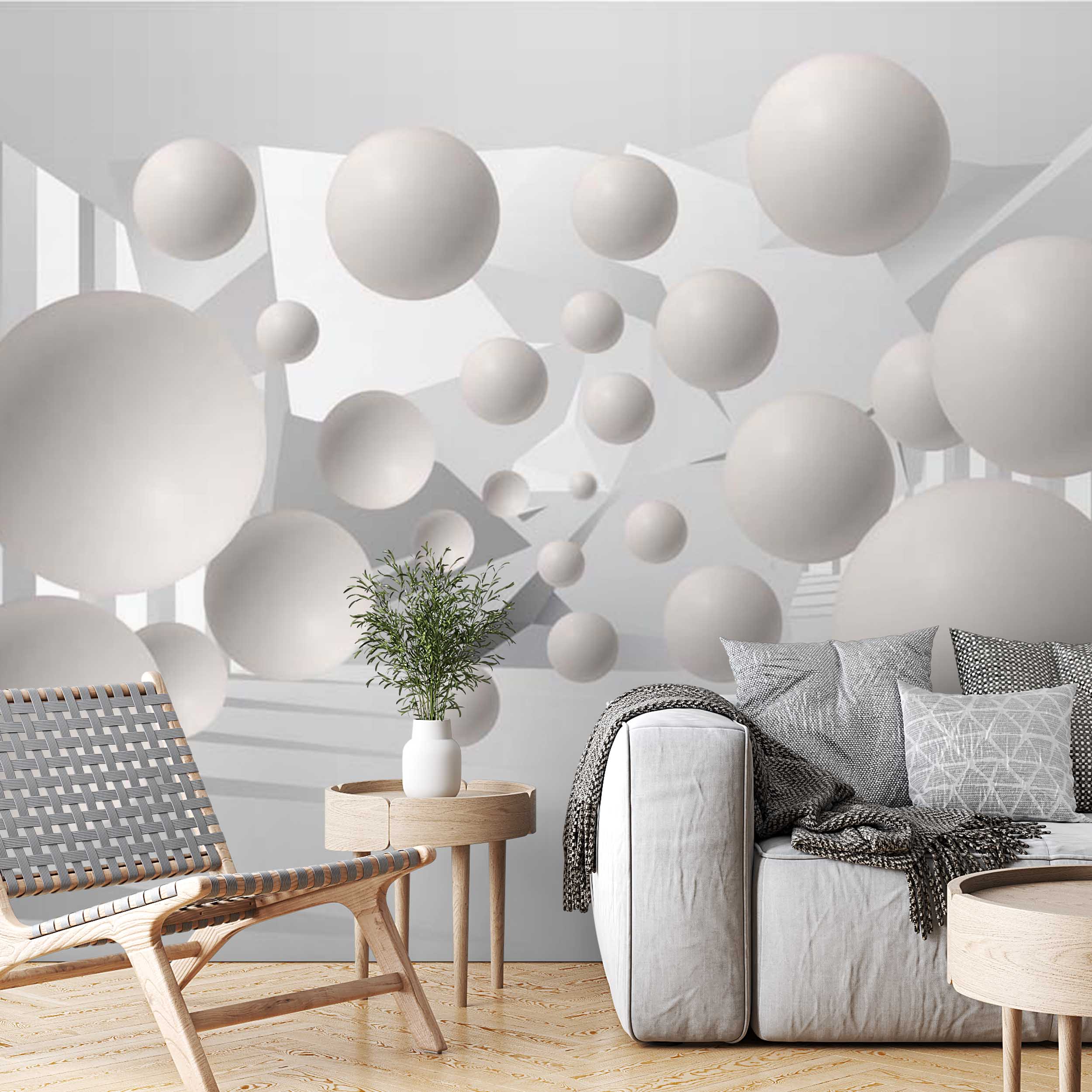 Abstract Wall Mural Futuristic Balls Minimalistic and Dynamic White Wallpaper