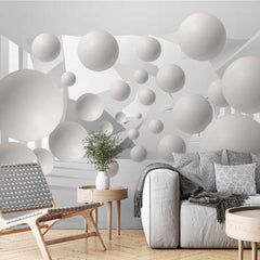 Custom Abstract Wall Mural Futuristic Balls Minimalistic and Dynamic White Wallpaper