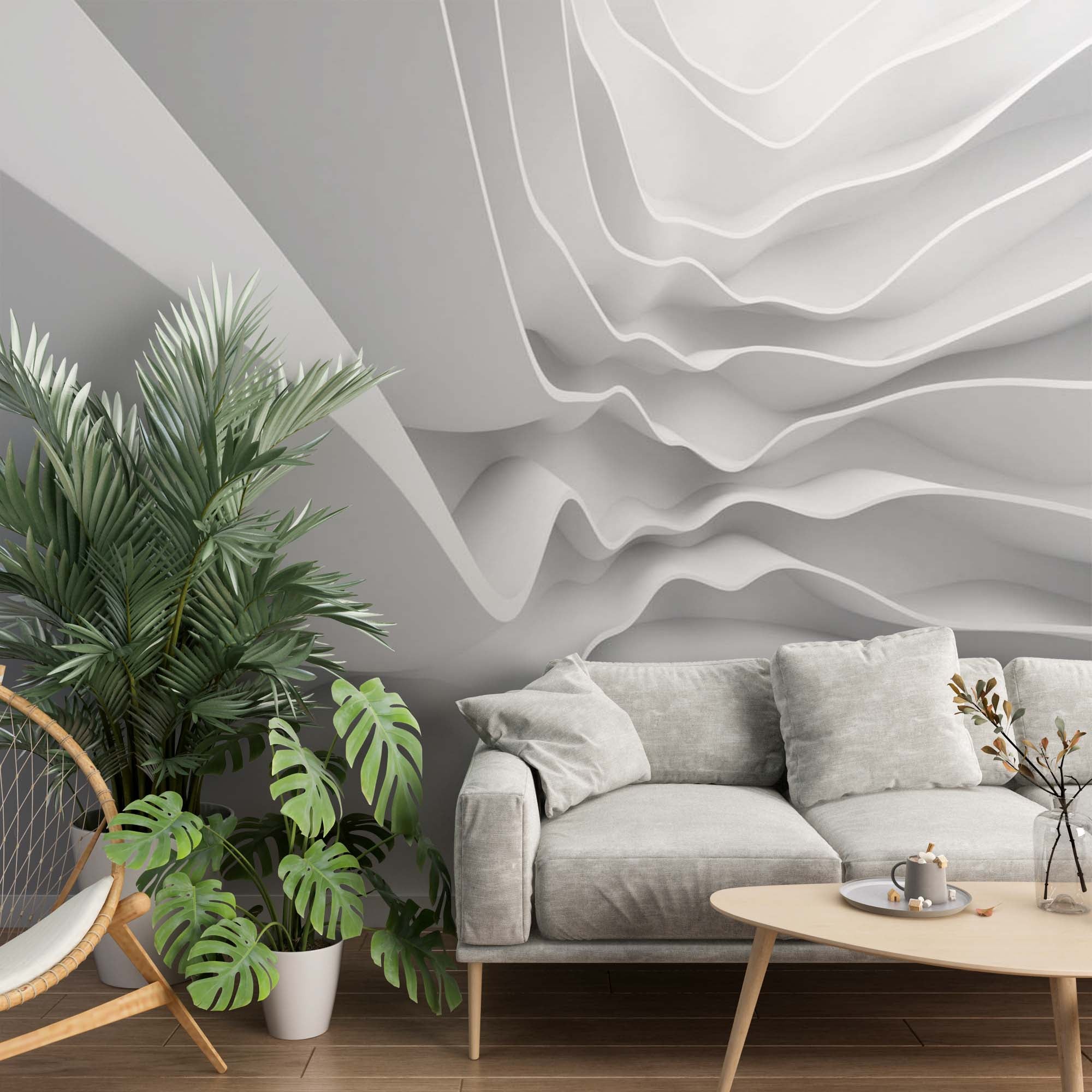 Abstract Wall Mural Futuristic Wave Minimalistic and Dynamic White Line Wallpaper