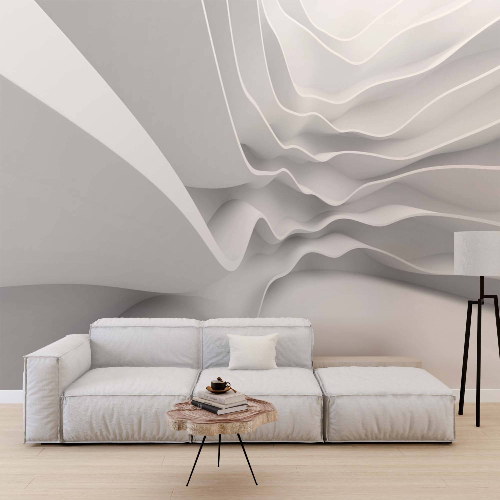 Abstract Wall Mural Futuristic Wave Minimalistic and Dynamic White Line Wallpaper